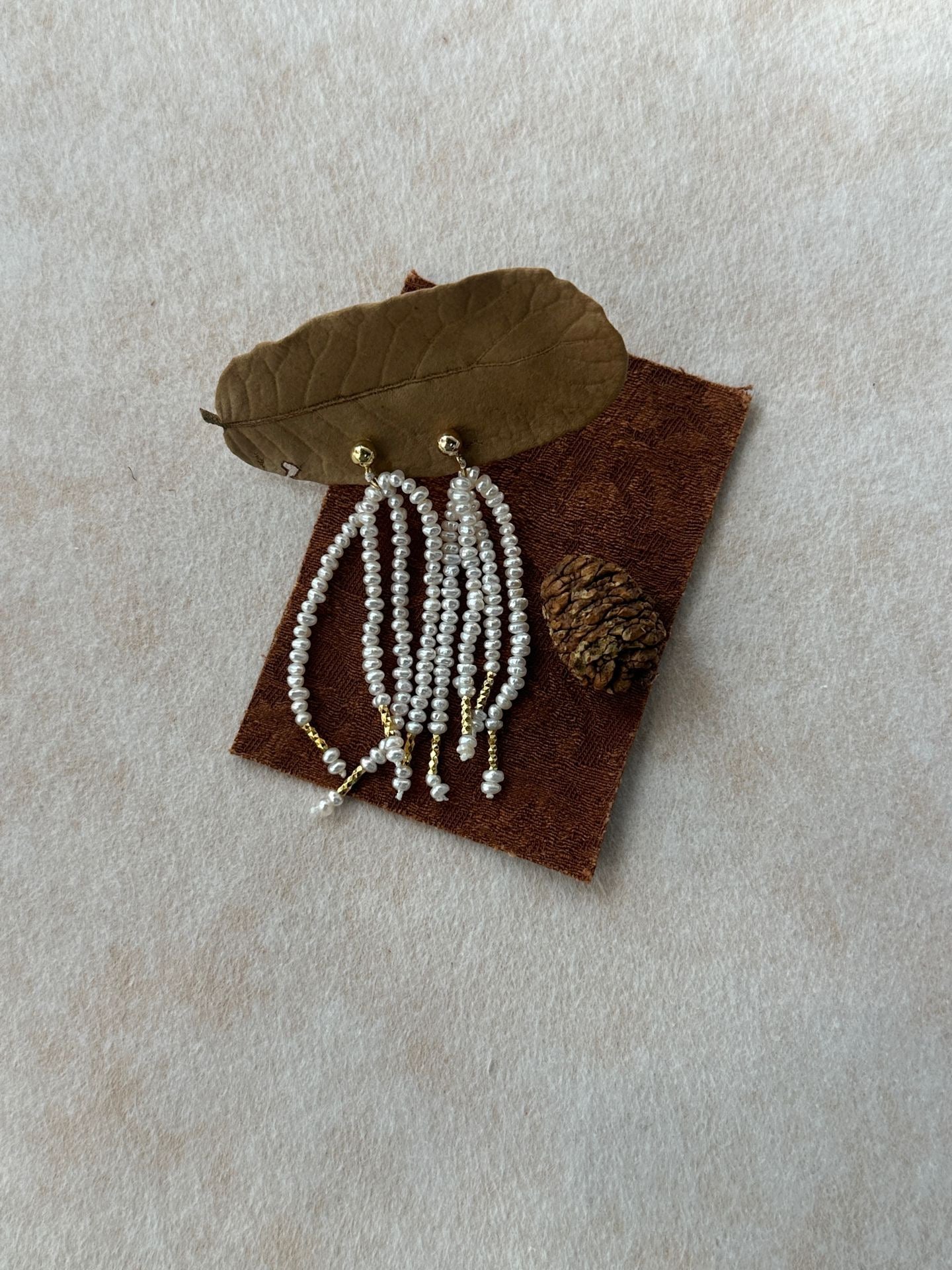 Palm Tree Elegant Luxury Natural Freshwater Pearl & Metal-Woven Beach Fringe Earrings by NEPTUNE PEARL
