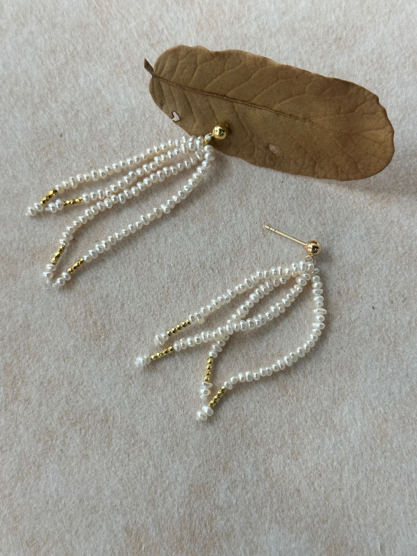 Palm Tree Elegant Luxury Natural Freshwater Pearl & Metal-Woven Beach Fringe Earrings by NEPTUNE PEARL