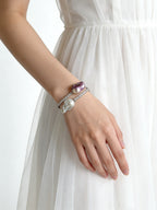 Exclusive Double-Circle Natural Snow-White & Pink-Purple Baroque Pearls, Gorgeous Crystals Diamonds Bracelet by NEPTUNE PEARL
