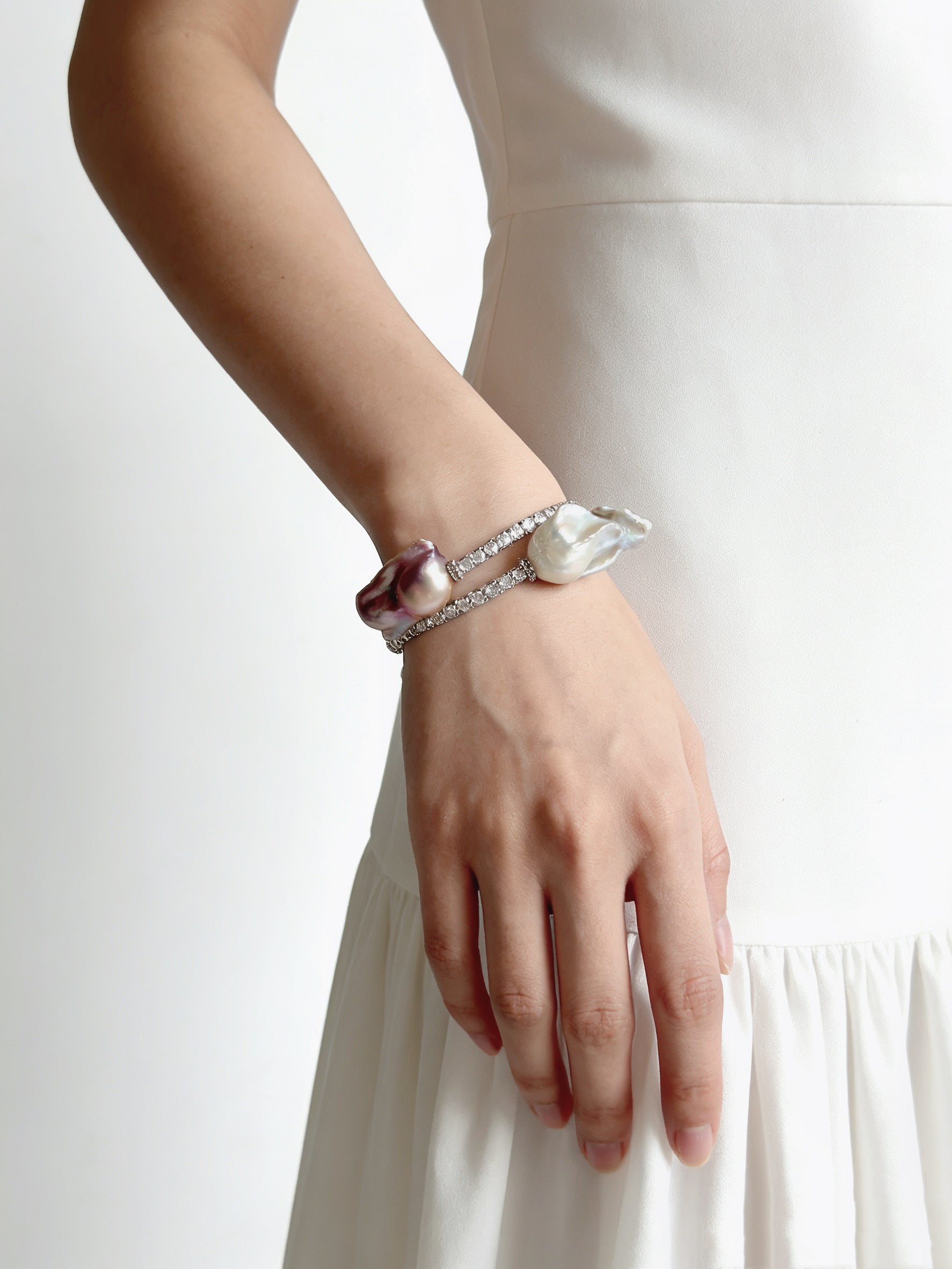 Exclusive Double-Circle Natural Snow-White & Pink-Purple Baroque Pearls, Gorgeous Crystals Diamonds Bracelet by NEPTUNE PEARL