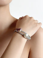Exclusive Double-Circle Natural Snow-White & Pink-Purple Baroque Pearls, Gorgeous Crystals Diamonds Bracelet by NEPTUNE PEARL