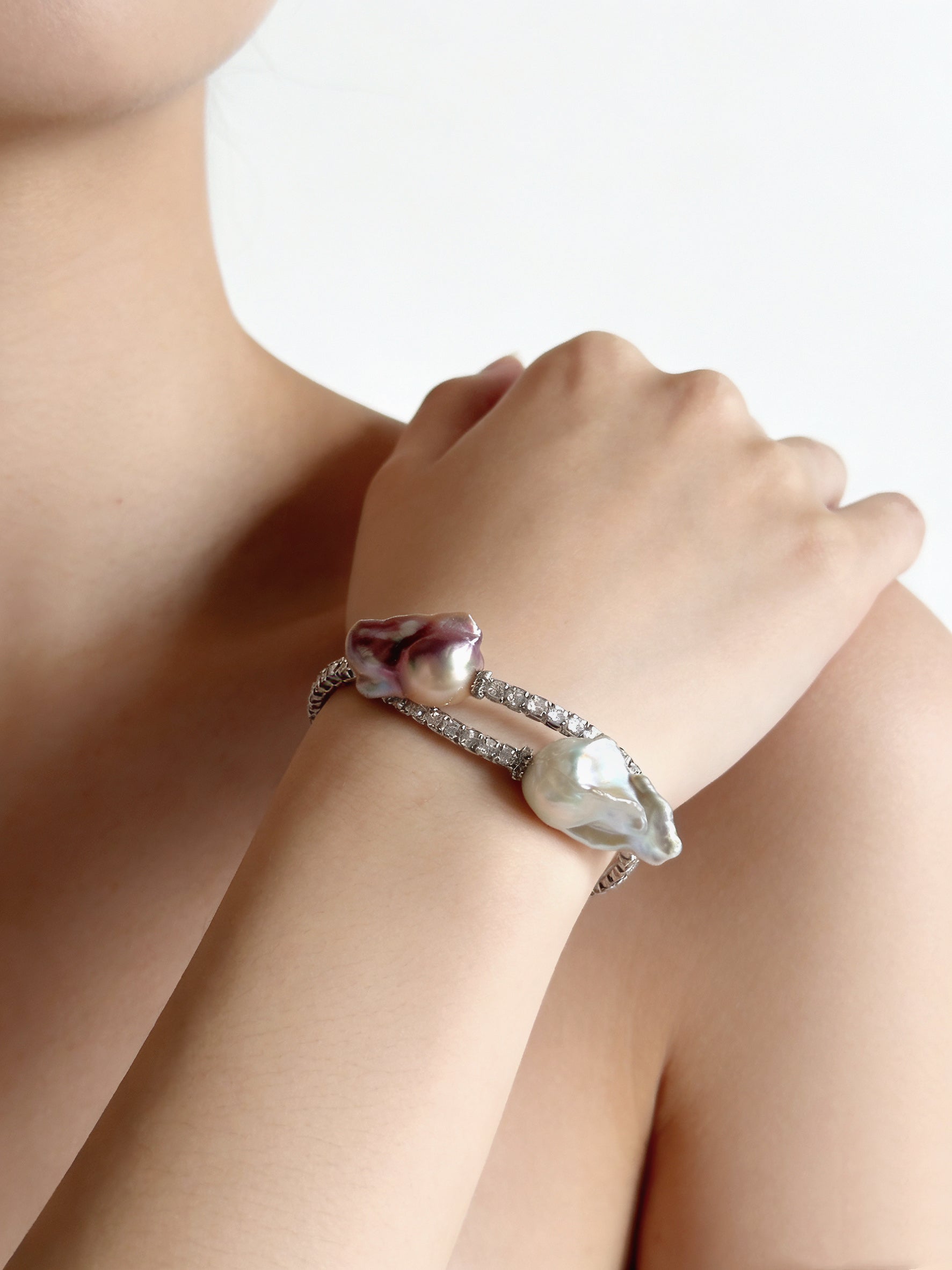 Exclusive Double-Circle Natural Snow-White & Pink-Purple Baroque Pearls, Gorgeous Crystals Diamonds Bracelet by NEPTUNE PEARL