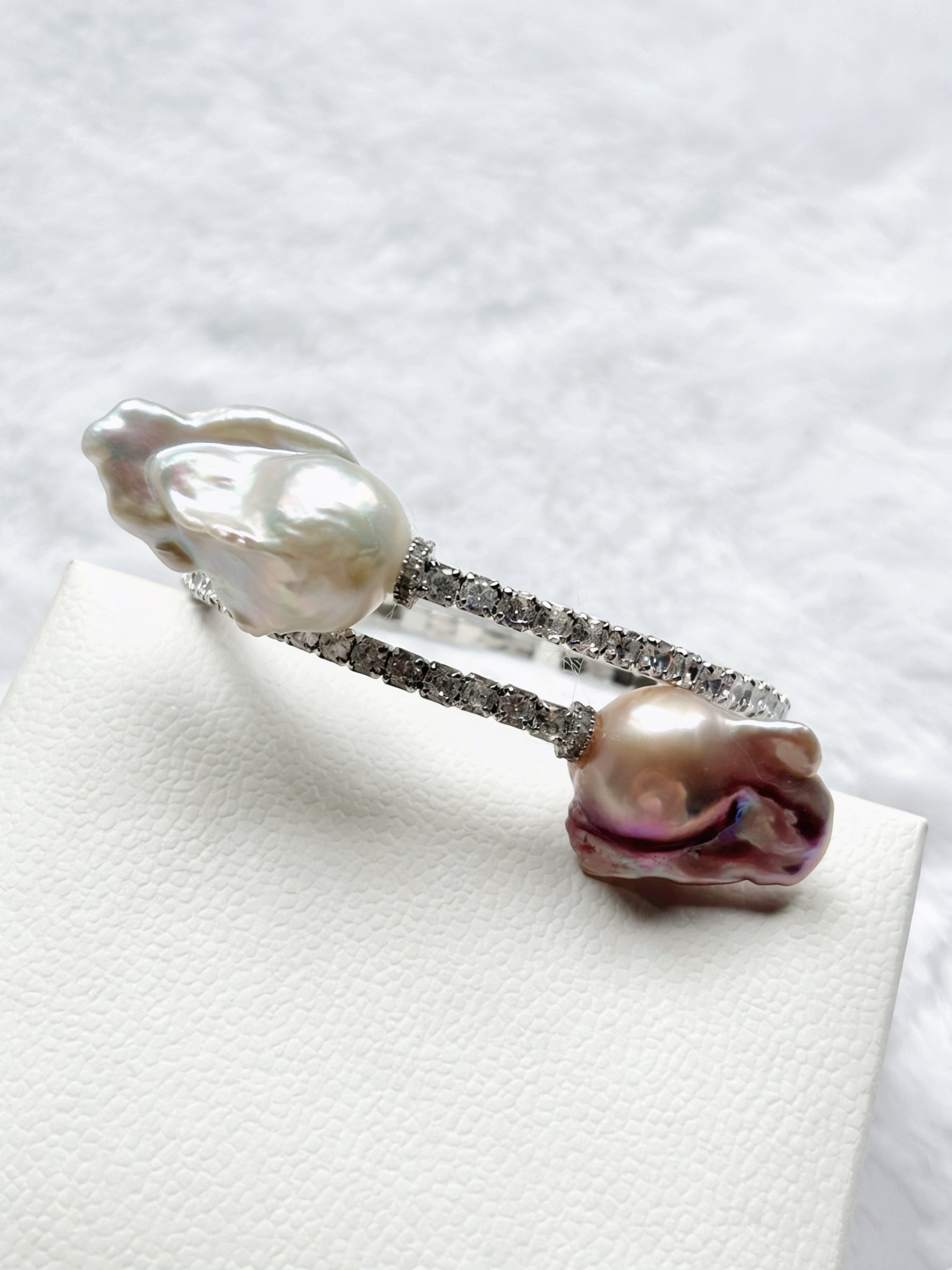 Exclusive Double-Circle Natural Snow-White & Pink-Purple Baroque Pearls, Gorgeous Crystals Diamonds Bracelet by NEPTUNE PEARL