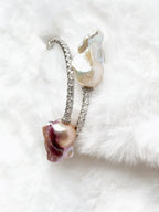 Exclusive Double-Circle Natural Snow-White & Pink-Purple Baroque Pearls, Gorgeous Crystals Diamonds Bracelet by NEPTUNE PEARL