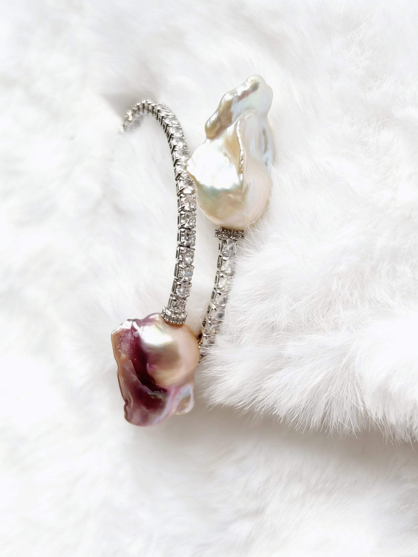 Exclusive Double-Circle Natural Snow-White & Pink-Purple Baroque Pearls, Gorgeous Crystals Diamonds Bracelet by NEPTUNE PEARL
