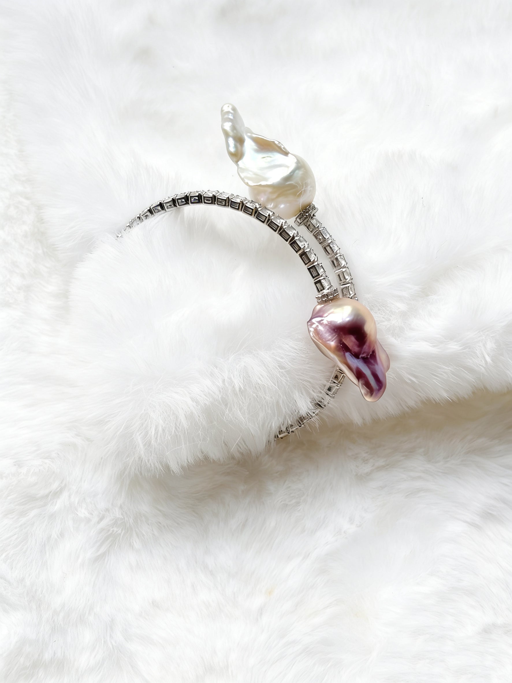 Exclusive Double-Circle Natural Snow-White & Pink-Purple Baroque Pearls, Gorgeous Crystals Diamonds Bracelet by NEPTUNE PEARL
