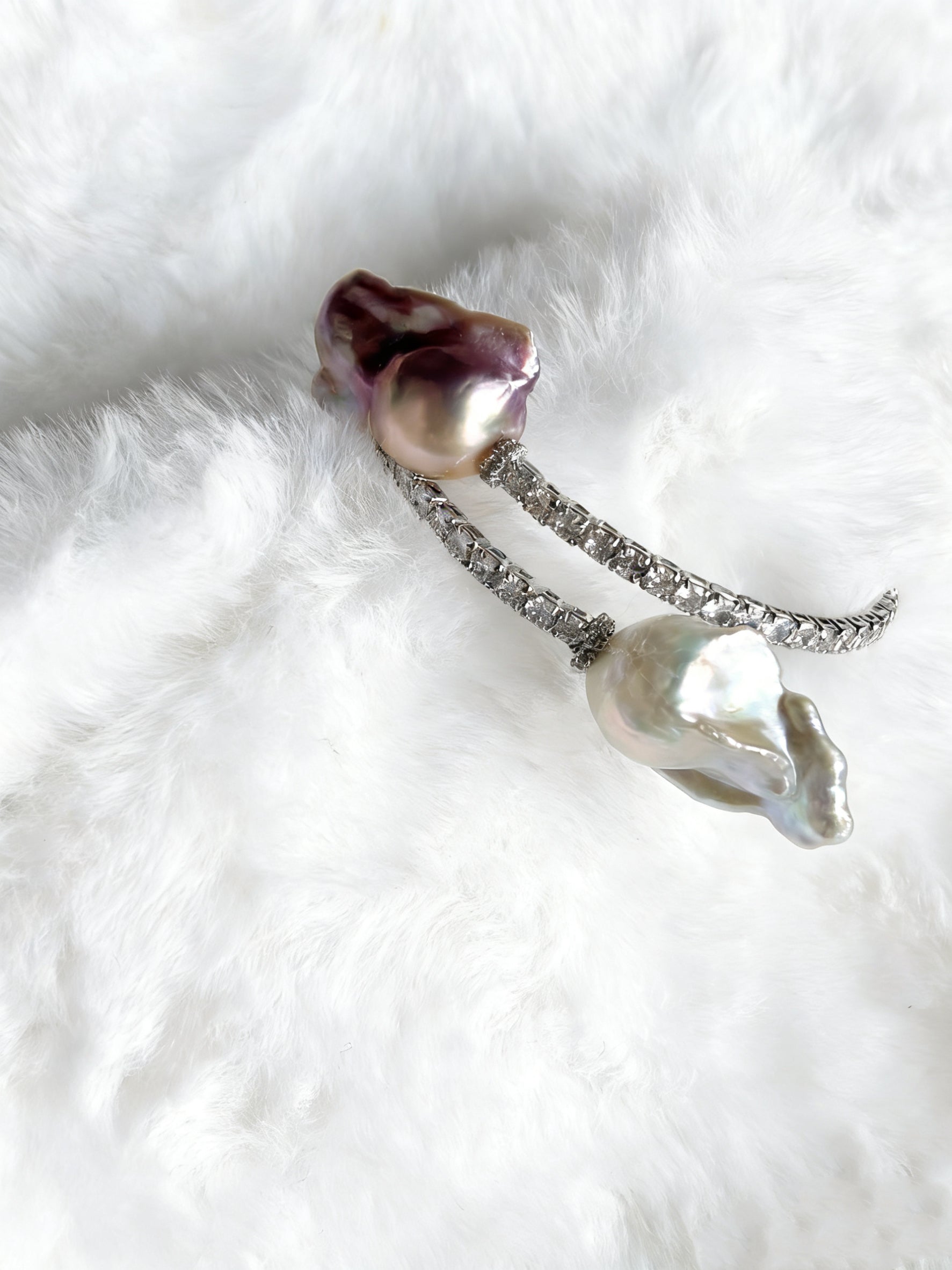Exclusive Double-Circle Natural Snow-White & Pink-Purple Baroque Pearls, Gorgeous Crystals Diamonds Bracelet by NEPTUNE PEARL