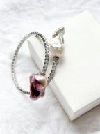 Exclusive Double-Circle Natural Snow-White & Pink-Purple Baroque Pearls, Gorgeous Crystals Diamonds Bracelet by NEPTUNE PEARL