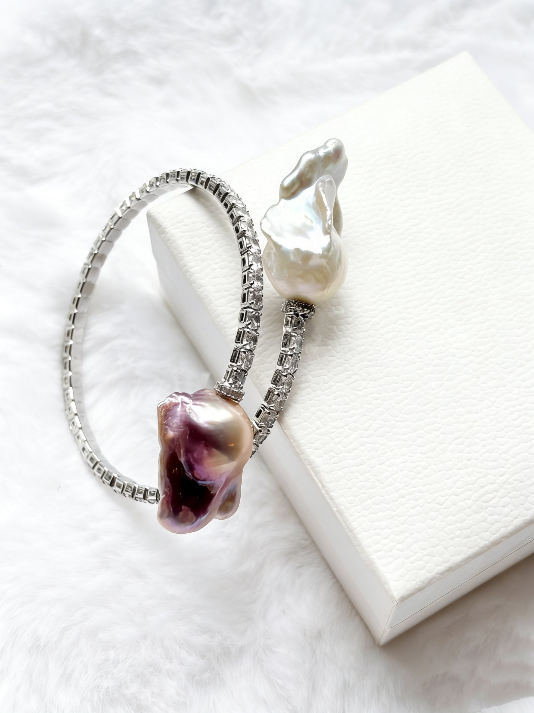 Exclusive Double-Circle Natural Snow-White & Pink-Purple Baroque Pearls, Gorgeous Crystals Diamonds Bracelet by NEPTUNE PEARL