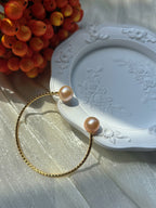 Crabapple Fruit – Orange Baroque Pearl Cuff Bracelet, Double Pearl Gold Bangle by NEPTUNE PEARL