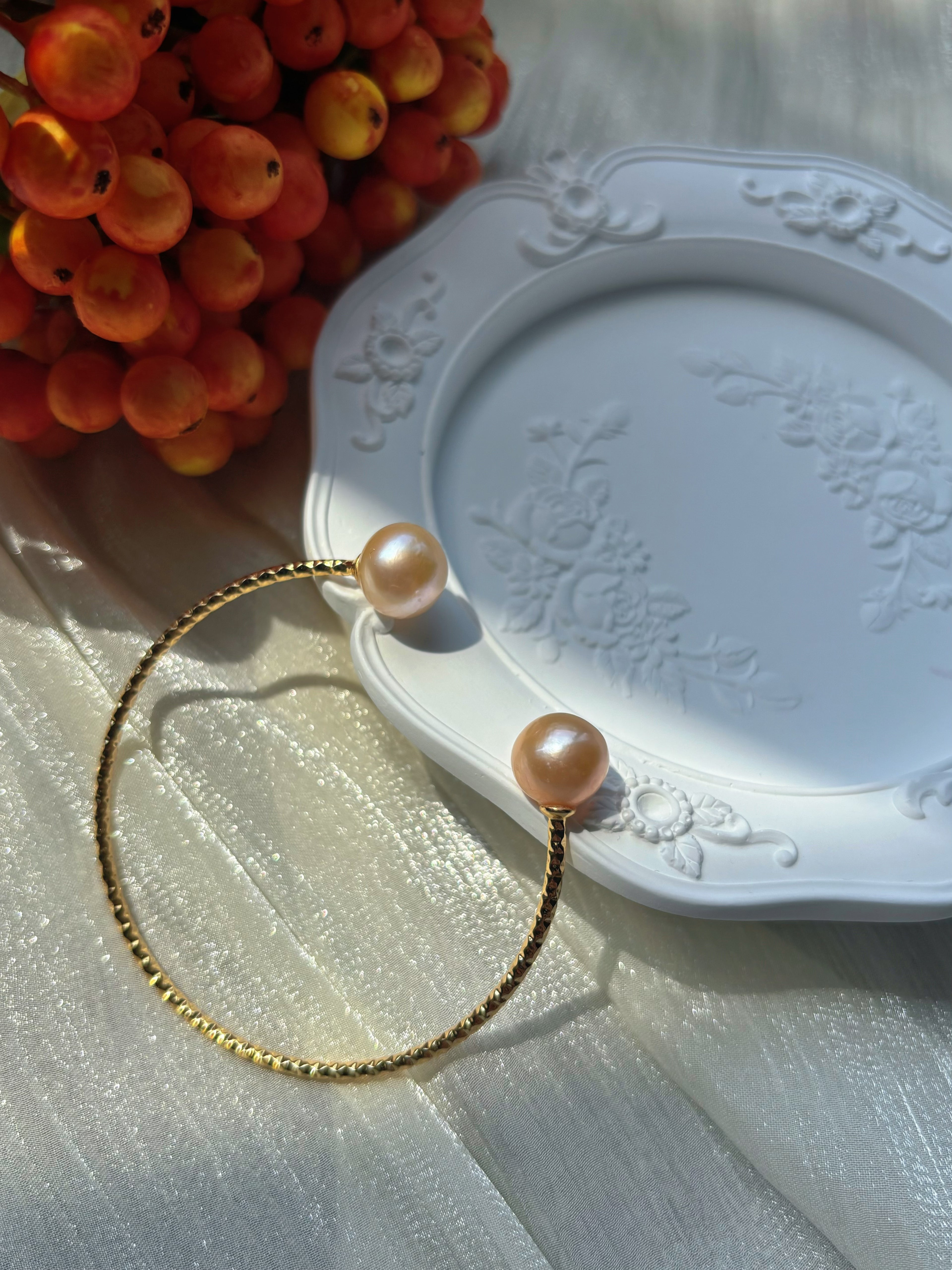 Crabapple Fruit – Orange Baroque Pearl Cuff Bracelet, Double Pearl Gold Bangle by NEPTUNE PEARL