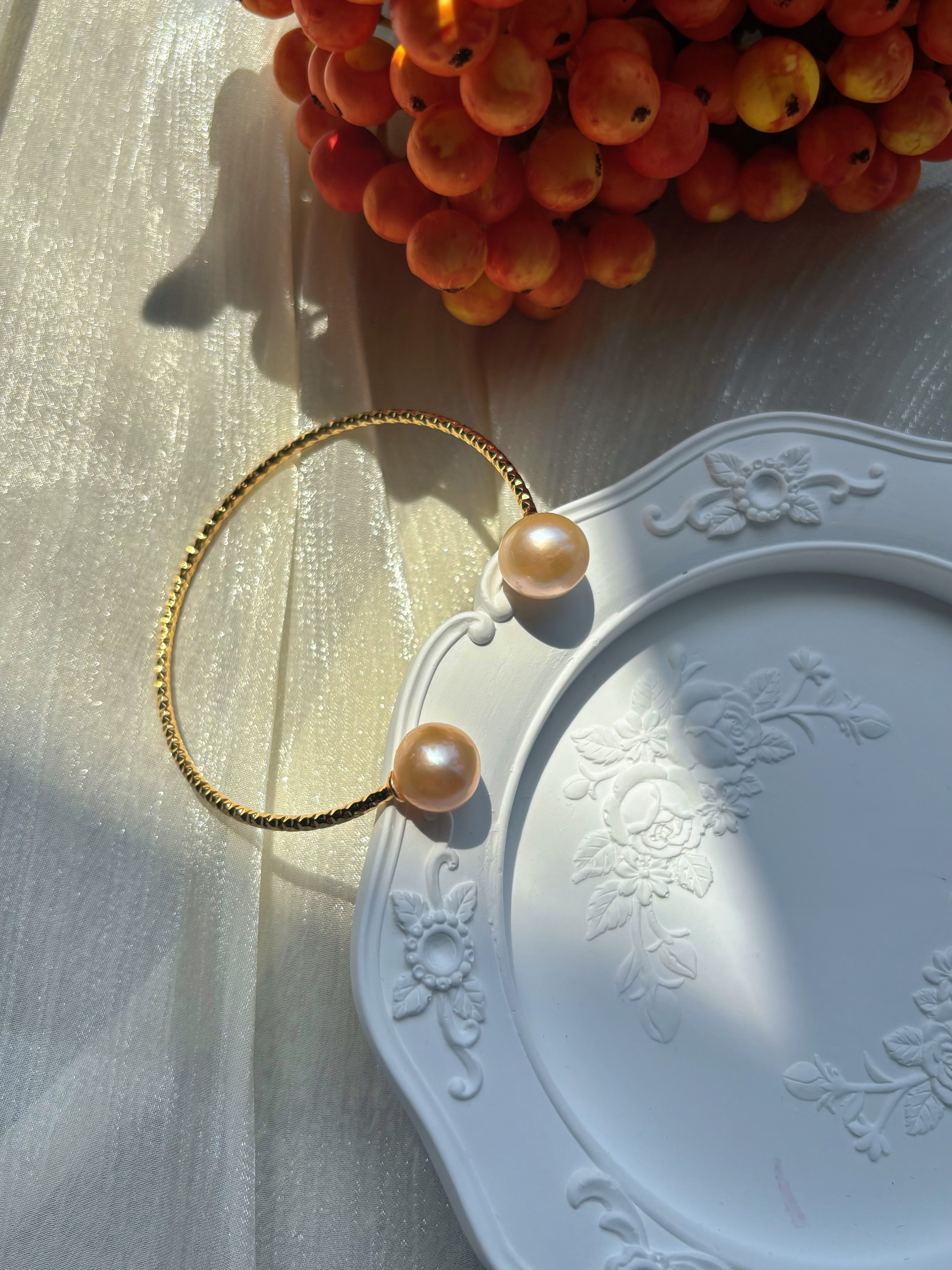 Crabapple Fruit – Orange Baroque Pearl Cuff Bracelet, Double Pearl Gold Bangle by NEPTUNE PEARL