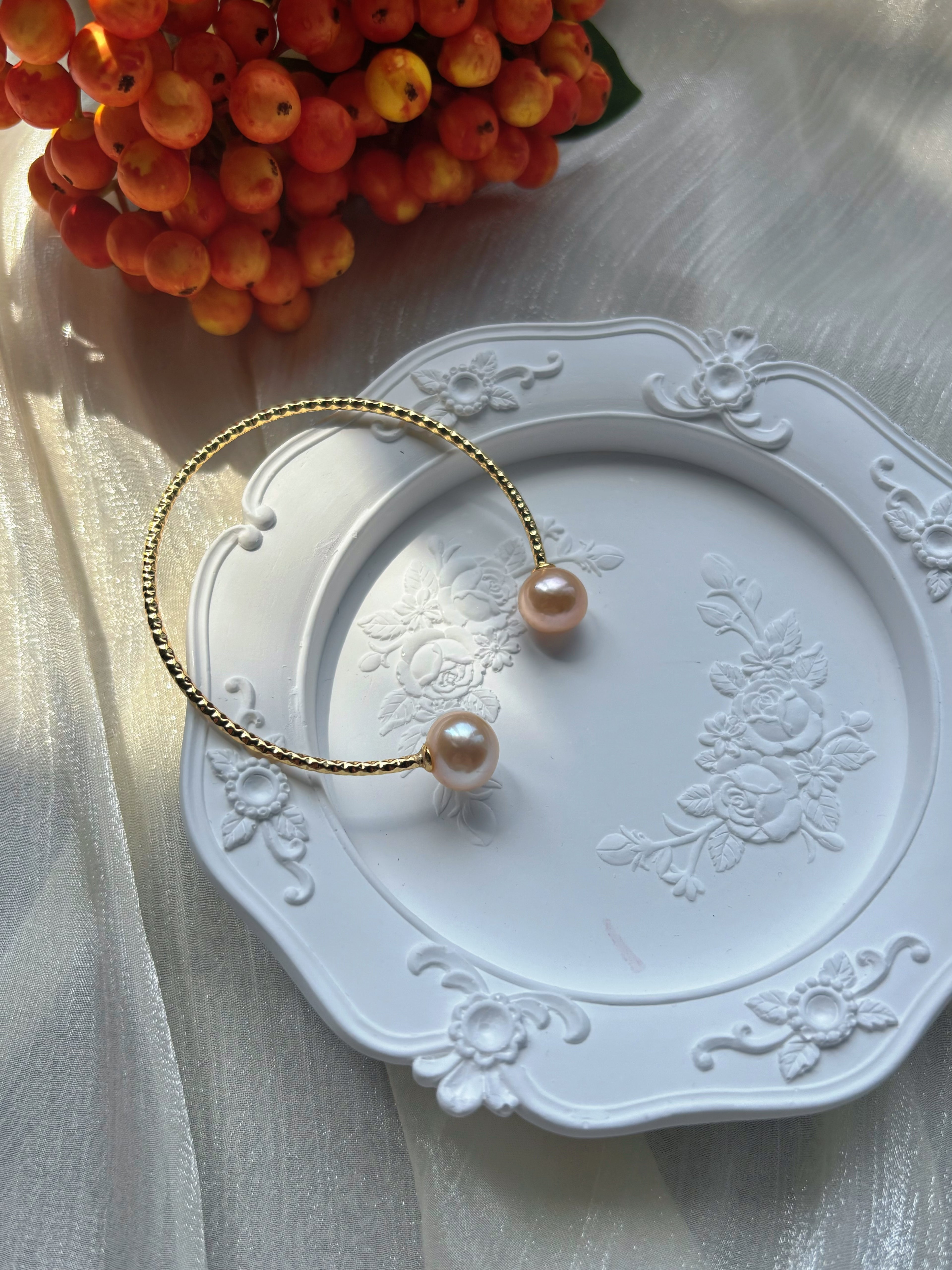 Crabapple Fruit – Orange Baroque Pearl Cuff Bracelet, Double Pearl Gold Bangle by NEPTUNE PEARL