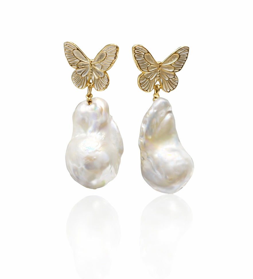 Roman Gold Butterfly Natural Baroque Pearl Earrings by NEPTUNE PEARL