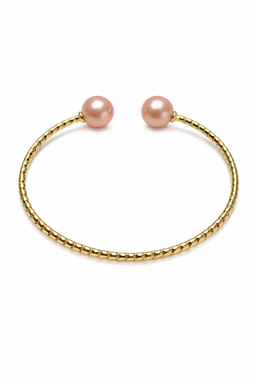 Crabapple Fruit – Orange Baroque Pearl Cuff Bracelet, Double Pearl Gold Bangle by NEPTUNE PEARL