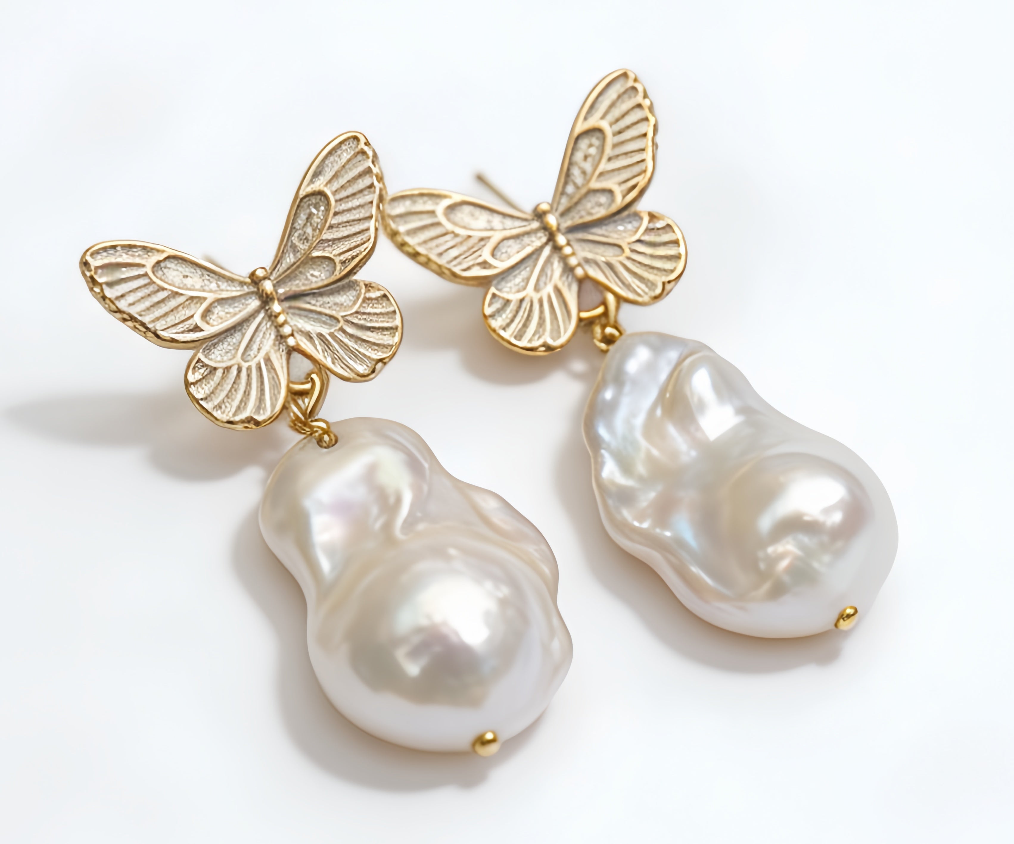 Roman Gold Butterfly Natural Baroque Pearl Earrings by NEPTUNE PEARL