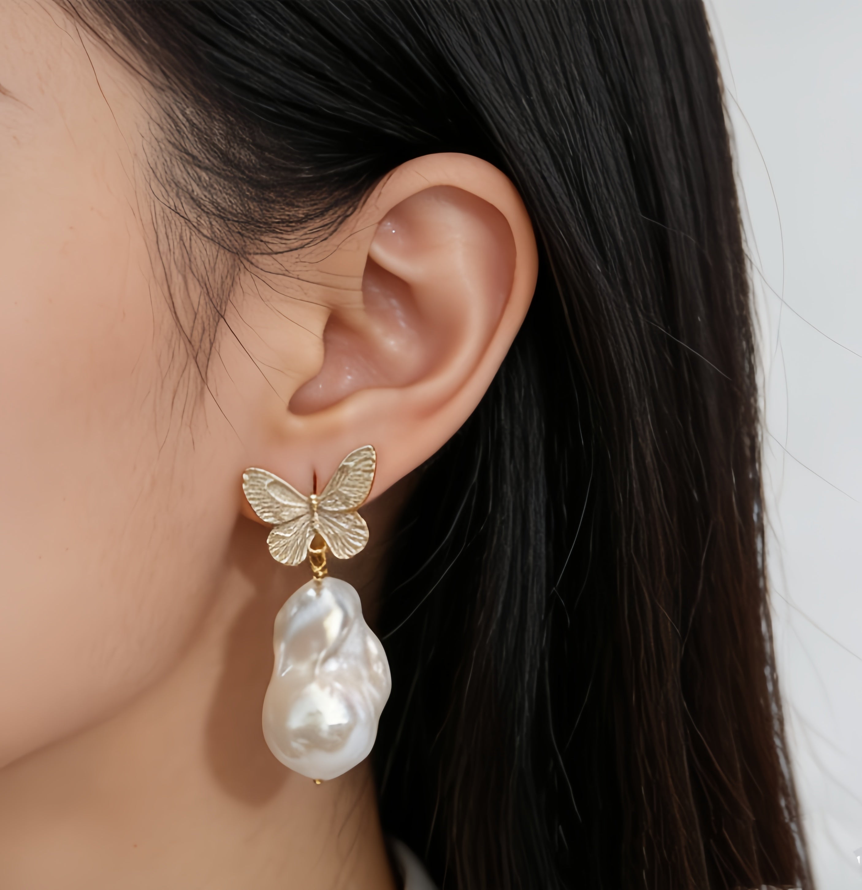 Roman Gold Butterfly Natural Baroque Pearl Earrings by NEPTUNE PEARL