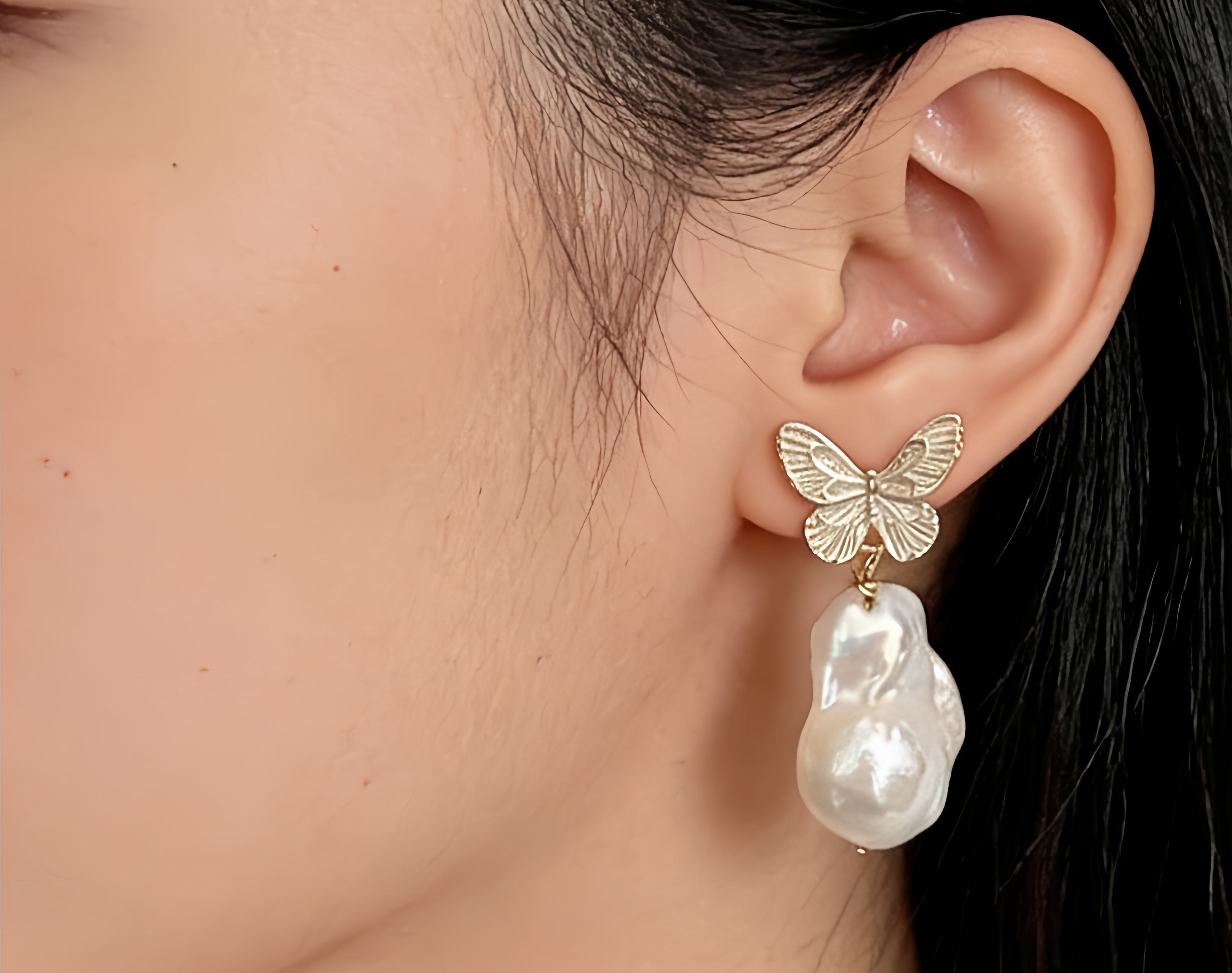 Roman Gold Butterfly Natural Baroque Pearl Earrings by NEPTUNE PEARL