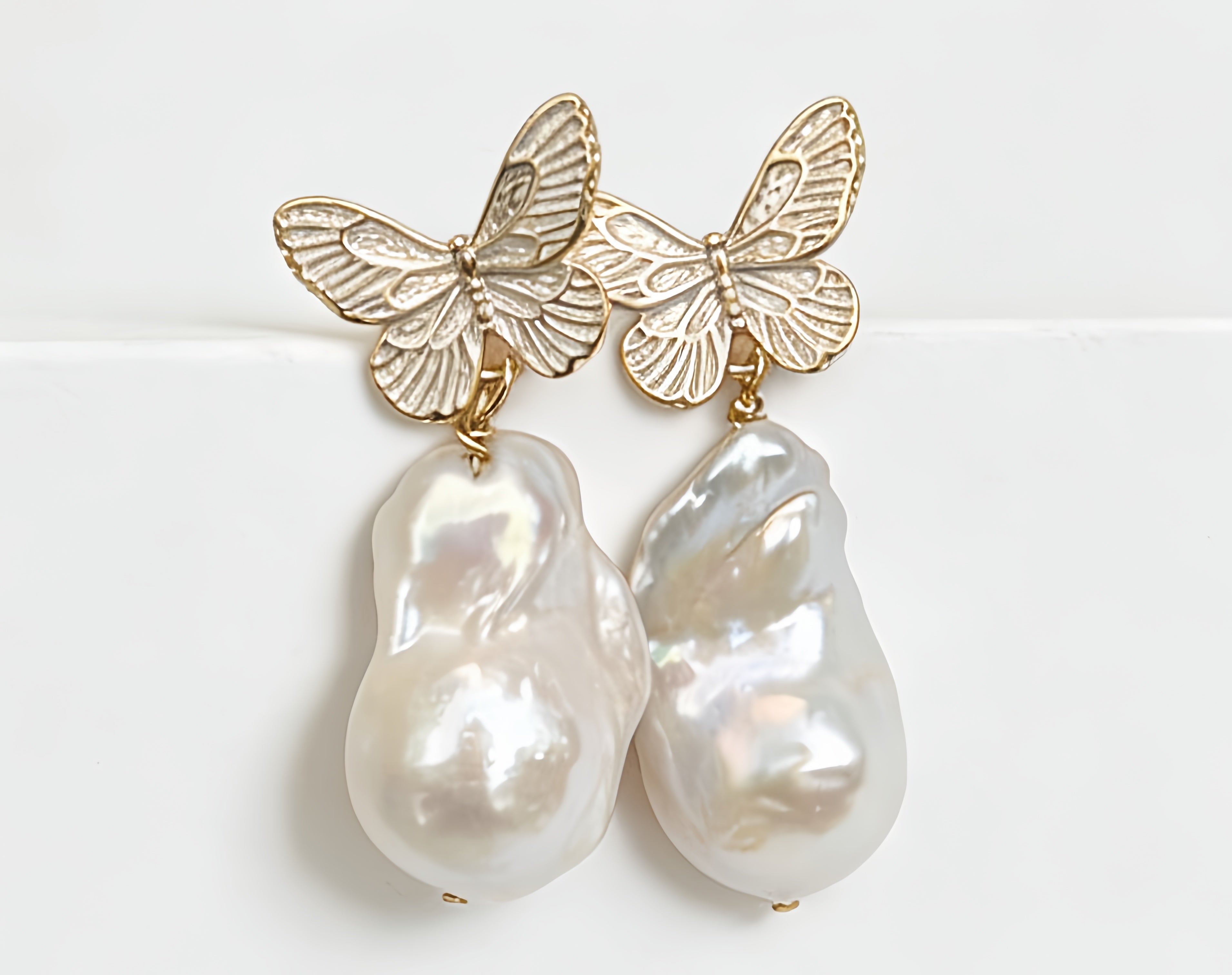 Roman Gold Butterfly Natural Baroque Pearl Earrings by NEPTUNE PEARL